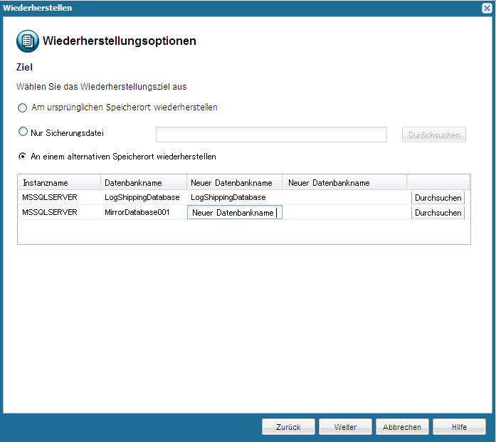 Anwendungswiederherstellung - SQL 6 - An einem alternativen Speicherort wiederherstellen, Datenbanknamen ändern