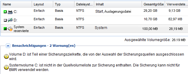 Schutzeinstellungen - Volume auswählen