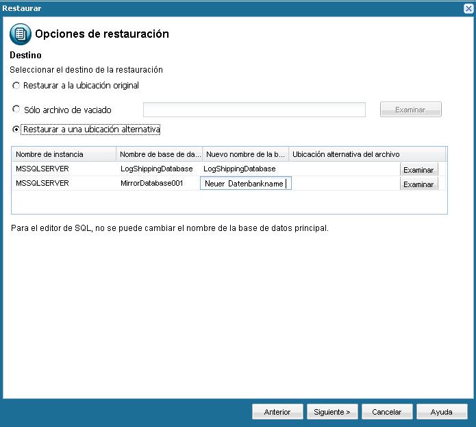 Recuperación de la aplicación - restauración de SQL 6 a una ubicación alternativa, cambio del nombre de la base de datos