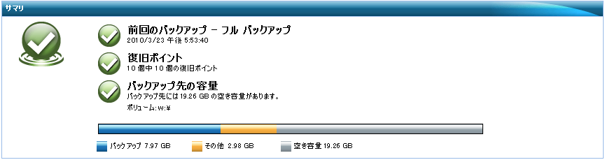 ホーム ページ - バックアップ ステータスの概要