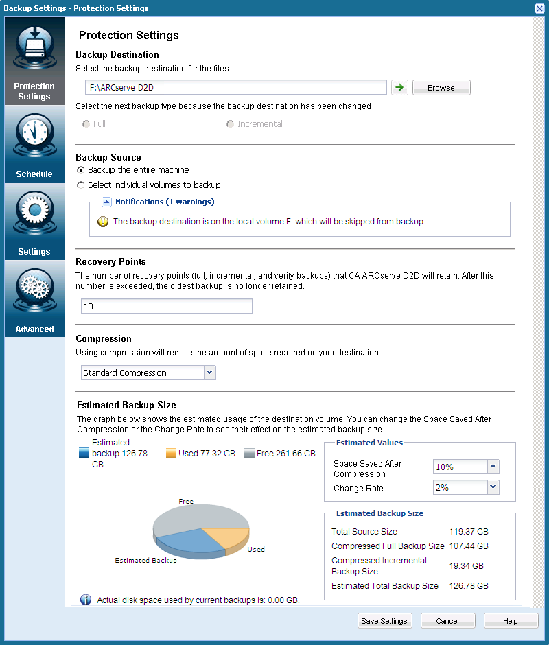 Backup Now - Protection Settings