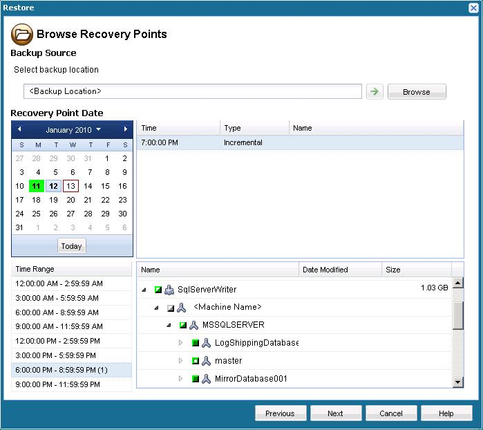 Application Recovery - SQL 1 Database Selection